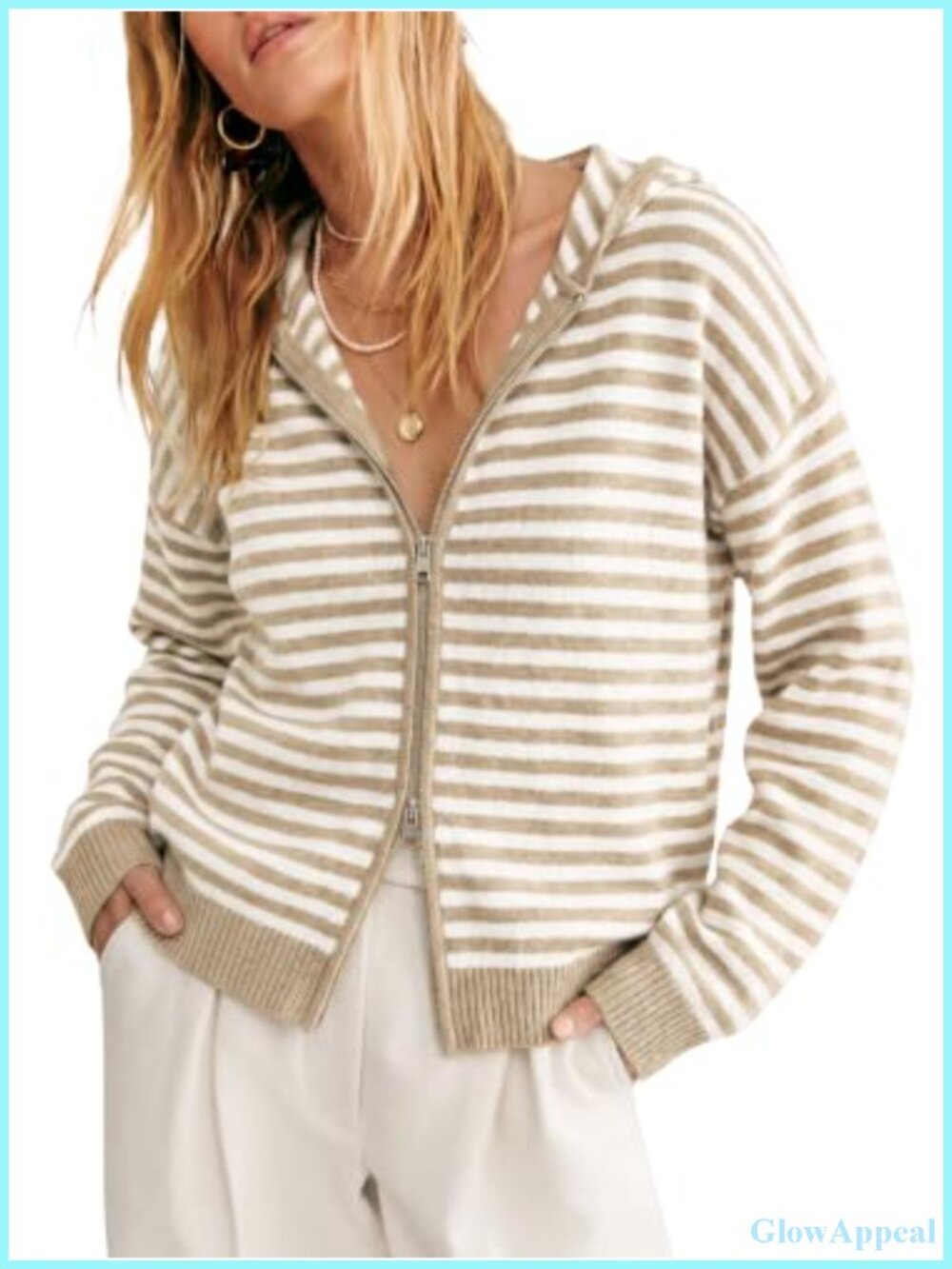 Striped Hooded Zip Up Knit Cardigan Long Sleeve Sweater Women